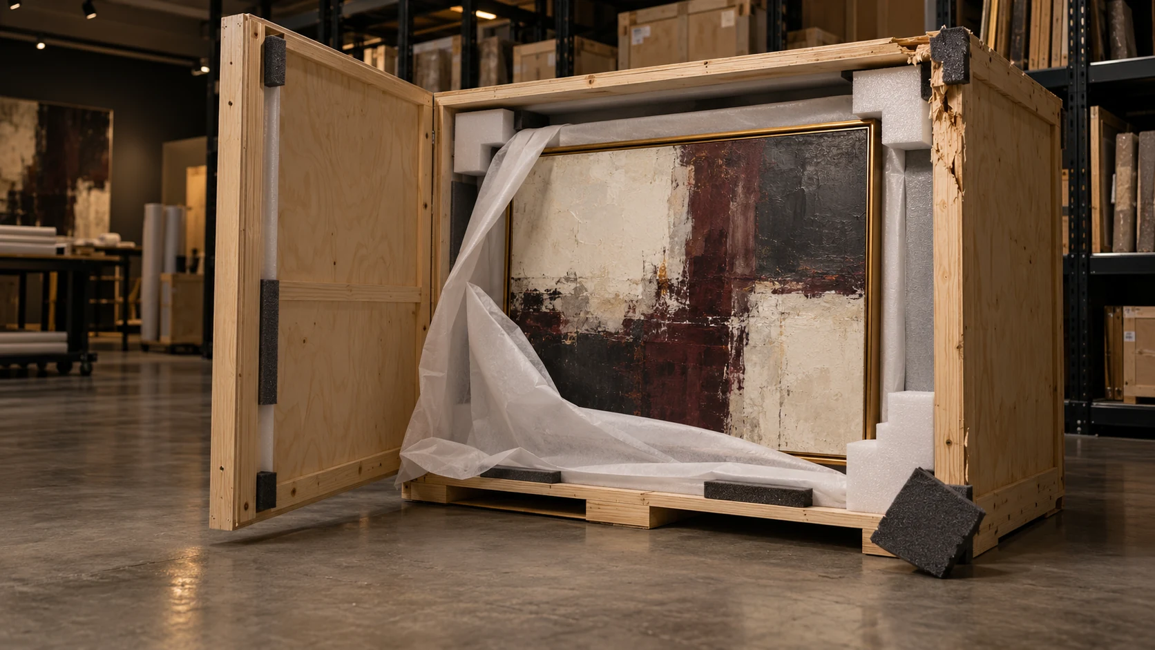 Illustrative fine-art shipping crate and a framed painting in protective storage